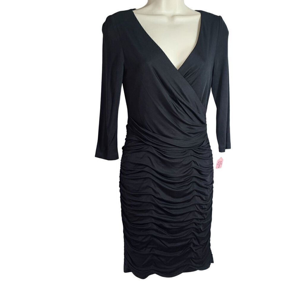Kay Unger NY Black Ruched VNeck Bodycon Dress Sz 2 Vintage LBD Rayon 3/4 Slv NEW